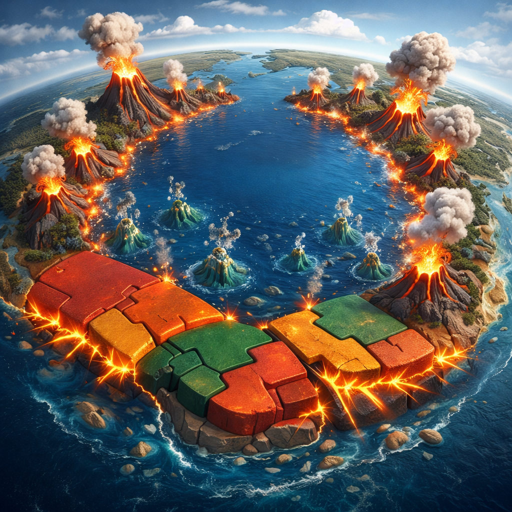 태평양 연안의 불의 고리 지형과 화산 폭발 원리를 보여주는 교육용 일러스트