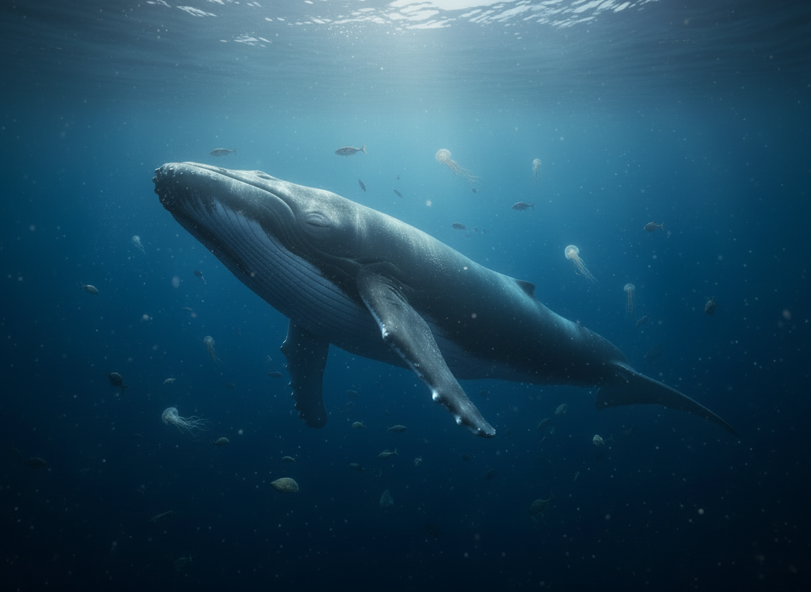 심해 바닥에 가라앉은 고래 뼈와 그 위에 핀 붉은 꽃 같은 오세닥스